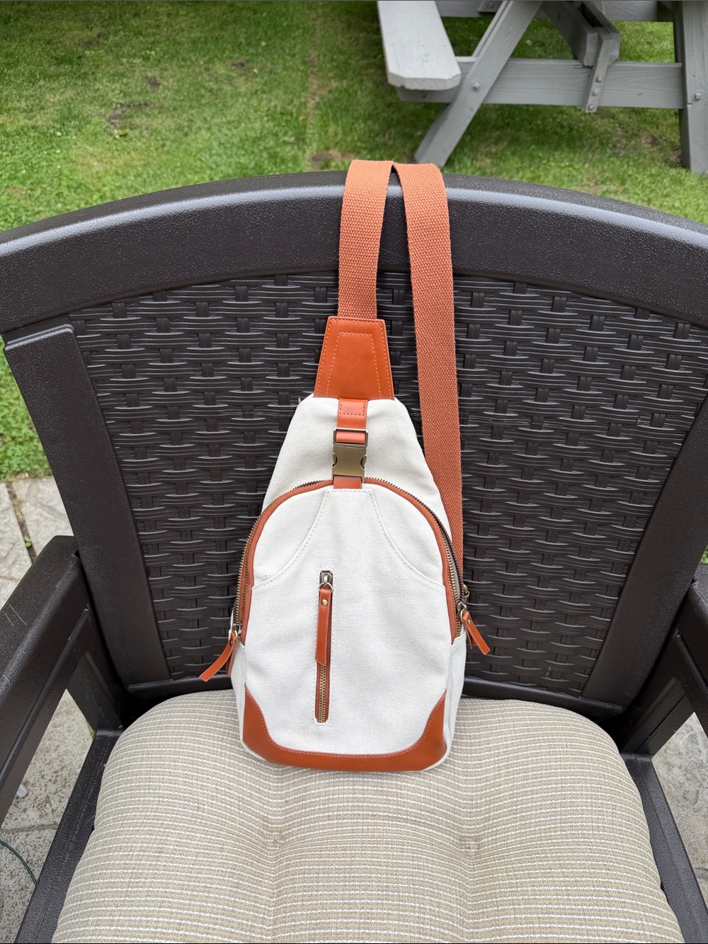 Antik Kraft Canvas Sling Bag in Cream with Tan Trim
